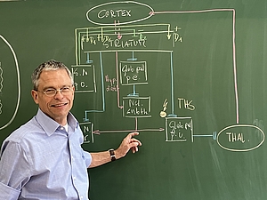 Ein Mann mit Brille und blauem Hemd steht vor einer Tafel, auf der mit Kreide bunte naturwissenschaftliche Formeln zu sehen sind