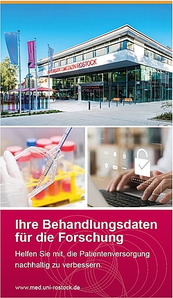 Titelbild eines Faltblattes, das drei Fotos zeigt. Darauf sind ein Gebäude, ein Laptop und eine Pipette in einer Flasche zu sehen.