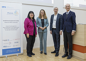 Zwei Frauen und zwei Männer stehen nebeneinander, links daneben ein großer Aufsteller mit Logos