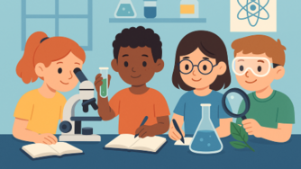 4 Kinder sitzen an einem Tisch und esperimentieren