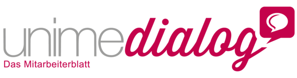 Logo mit dem Schriftzug 'unimedialog' und dem Untertitel 'Das Mitarbeiterblatt' in einer Sprechblase