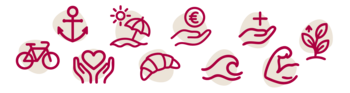 Visual Benefits mit roten Outline-Icons auf beigefarbenem Untergrund: Fahrrad, Anker, Hände mit Herz, Strand, Croissant, Hand mit Euro, Welle, Hand mit Plus, Bizeps, Pflanze mit Pfeil nach oben.