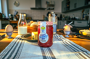 Detailaufnahme eines Glases mit Fruchtaufstrich auf einem gedeckten Frühstückstisch