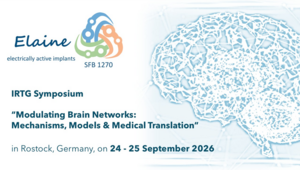 Logo des SFB 1270 Elaine mit stilisiertem Gehirn und Text zum IRTG Symposium "Modulating Brain Networks: Mechanisms, Models & Medical Translation" am 24. und 25. September 2026 in Rostock