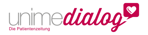 Logo mit dem Schriftzug 'unimedialog' und dem Untertitel 'Die Patientenzeitung' in einer Sprechblase