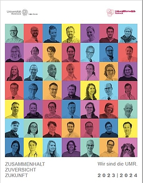 viele bunte Quadrate mit Gesichtern, Titel Factsheet Unimedizin Rostock