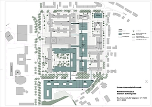 ein skizzierter Lageplan von bestehenden und geplanten Gebäuden
